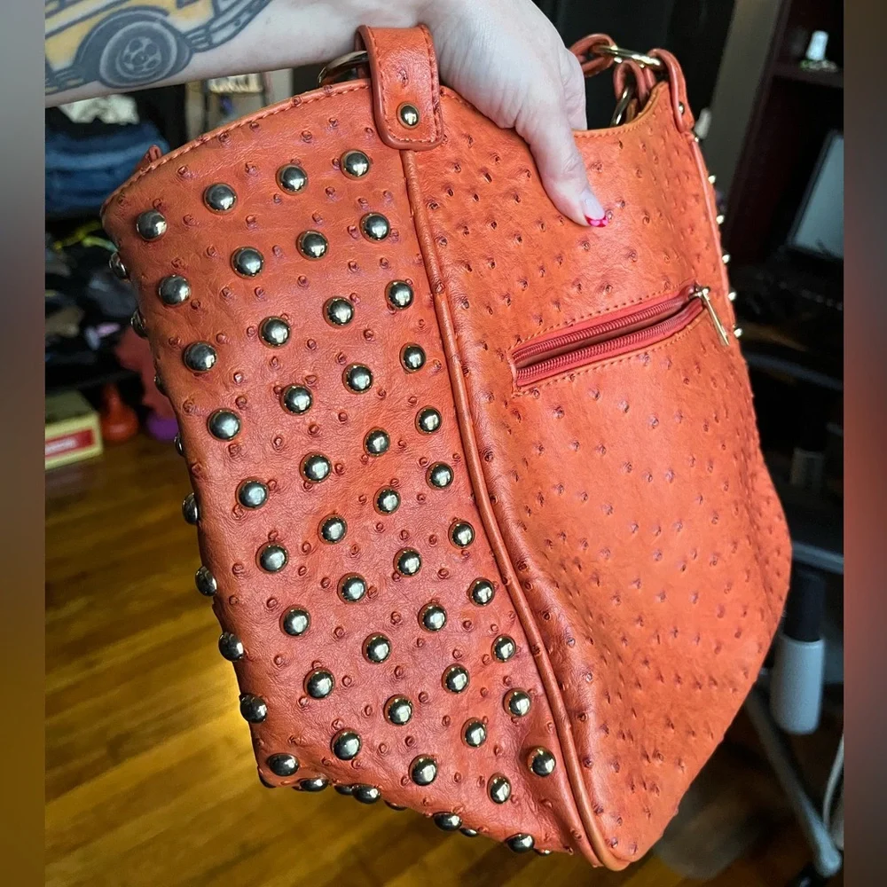 Expressions NYC Orange Faux Ostrich Studded Shoulder Bag Slightly Flawed - Picture 3 of 16